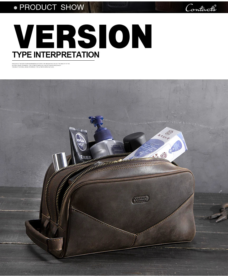 Vintage Crazy Horse Leather men cosmetic Case makeup bag travel toiletry hand-held make up wash bags Double Zipper man organizer