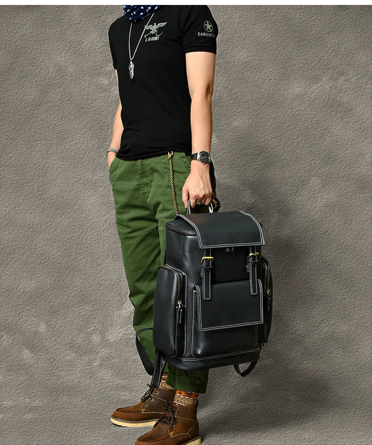 Retro Crazy Horse Leather Men's Backpack male computer bag Large Capacity 15.6 inch laptop bags genuine leather Travel Backpacks