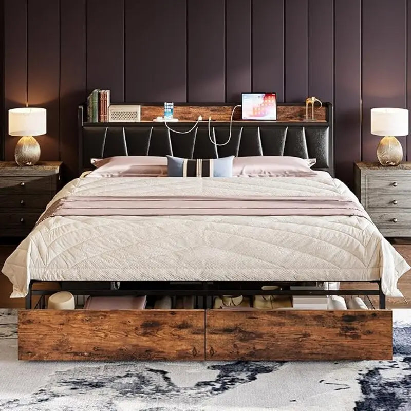 LIKIMIO King/CaliforniaKing Size Bed Frame with Headboard, Charging Station,  2 Storage Drawers,  No Box Spring Needed