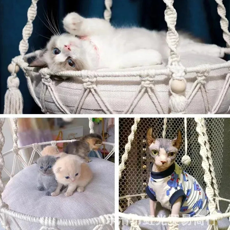 Pet Cat Hammock Cat Swing Hand Woven Cotton Rope Cats Hanging Basket Kitten Hanging String Den Indoor Pend Nest Pet Supplies