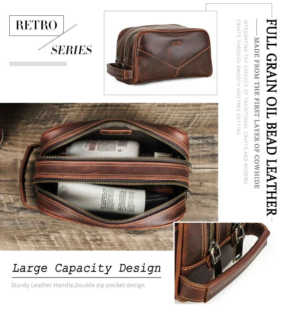 Vintage Crazy Horse Leather men cosmetic Case makeup bag travel toiletry hand-held make up wash bags Double Zipper man organizer