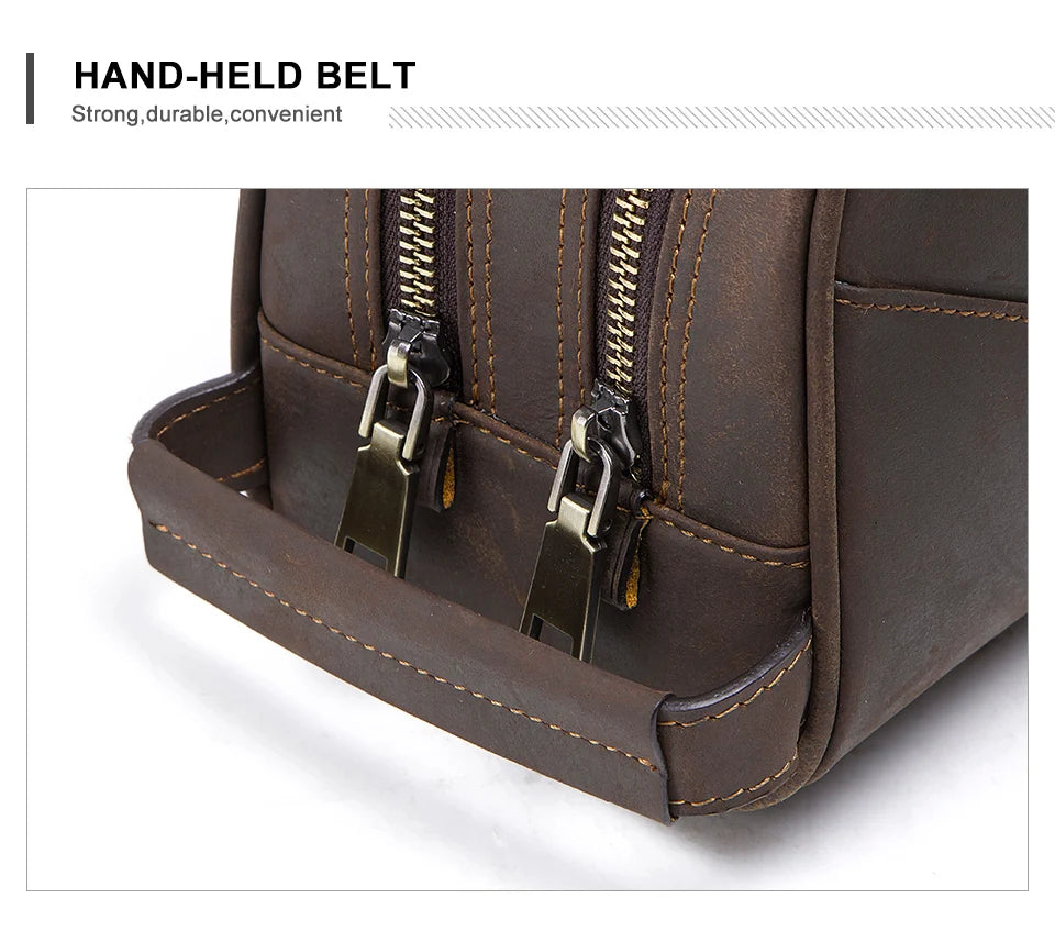 Vintage Crazy Horse Leather men cosmetic Case makeup bag travel toiletry hand-held make up wash bags Double Zipper man organizer
