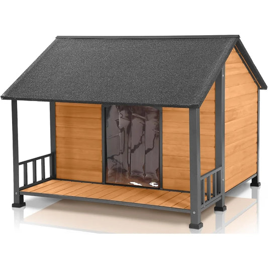 Outdoor Weatherproof Dog House - Easy to Assemble Puppy Shelter with All-Around Iron Frame & Fir Wood - Ideal for Large Dog Bree