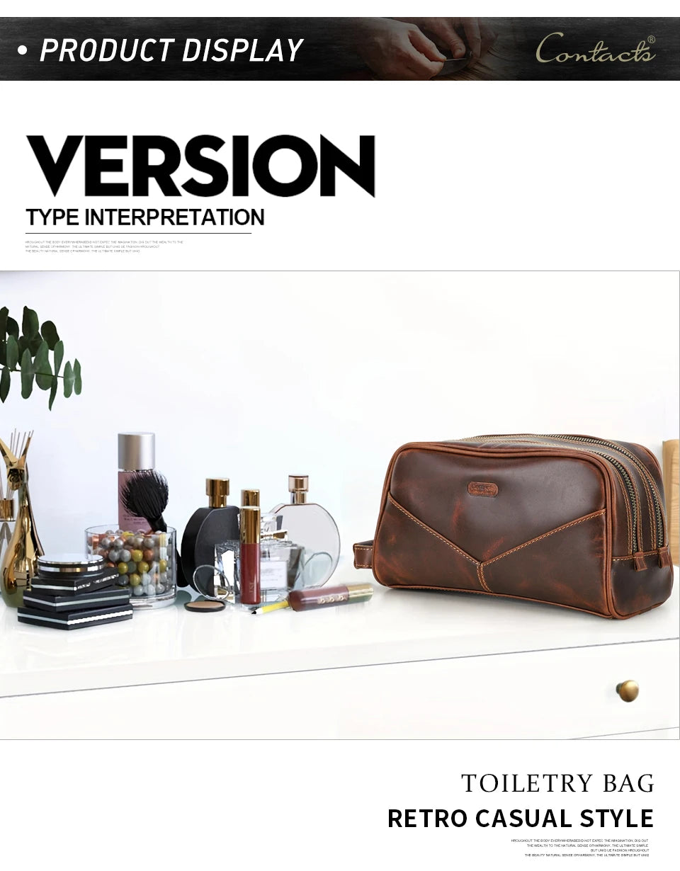 Vintage Crazy Horse Leather men cosmetic Case makeup bag travel toiletry hand-held make up wash bags Double Zipper man organizer