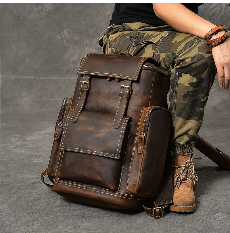 Retro Crazy Horse Leather Men's Backpack male computer bag Large Capacity 15.6 inch laptop bags genuine leather Travel Backpacks