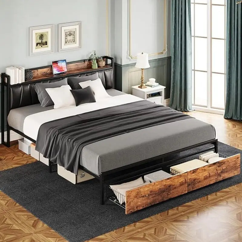 LIKIMIO King/CaliforniaKing Size Bed Frame with Headboard, Charging Station,  2 Storage Drawers,  No Box Spring Needed
