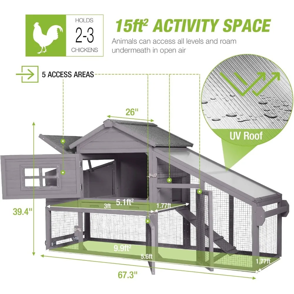 Mobile Chicken Coop with Wheels Expandable Chicken Tractor Outdoor Hen House for 2-4 Chickens 67.3" L