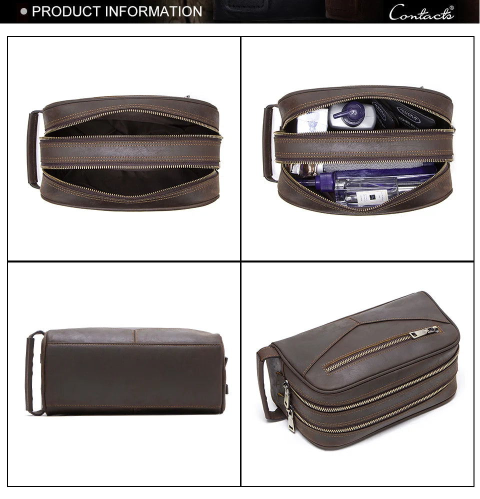 Vintage Crazy Horse Leather men cosmetic Case makeup bag travel toiletry hand-held make up wash bags Double Zipper man organizer