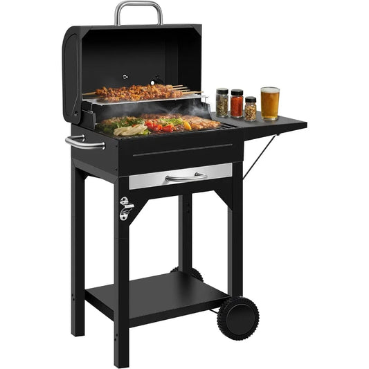 Sturdy Outdoor BBQ Grill with Offset Firebox, Side Shelf, and Warming Rack - Heavy Duty Charcoal Smoker Combo for Portable Use