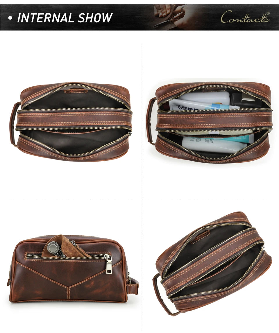Vintage Crazy Horse Leather men cosmetic Case makeup bag travel toiletry hand-held make up wash bags Double Zipper man organizer