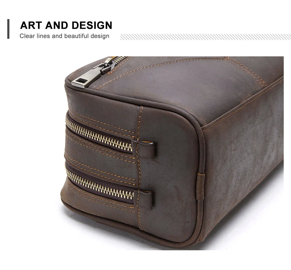 Vintage Crazy Horse Leather men cosmetic Case makeup bag travel toiletry hand-held make up wash bags Double Zipper man organizer