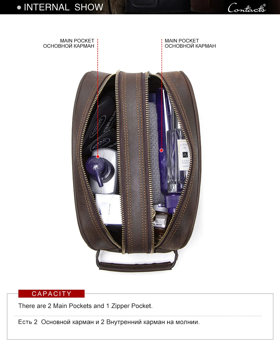 Vintage Crazy Horse Leather men cosmetic Case makeup bag travel toiletry hand-held make up wash bags Double Zipper man organizer