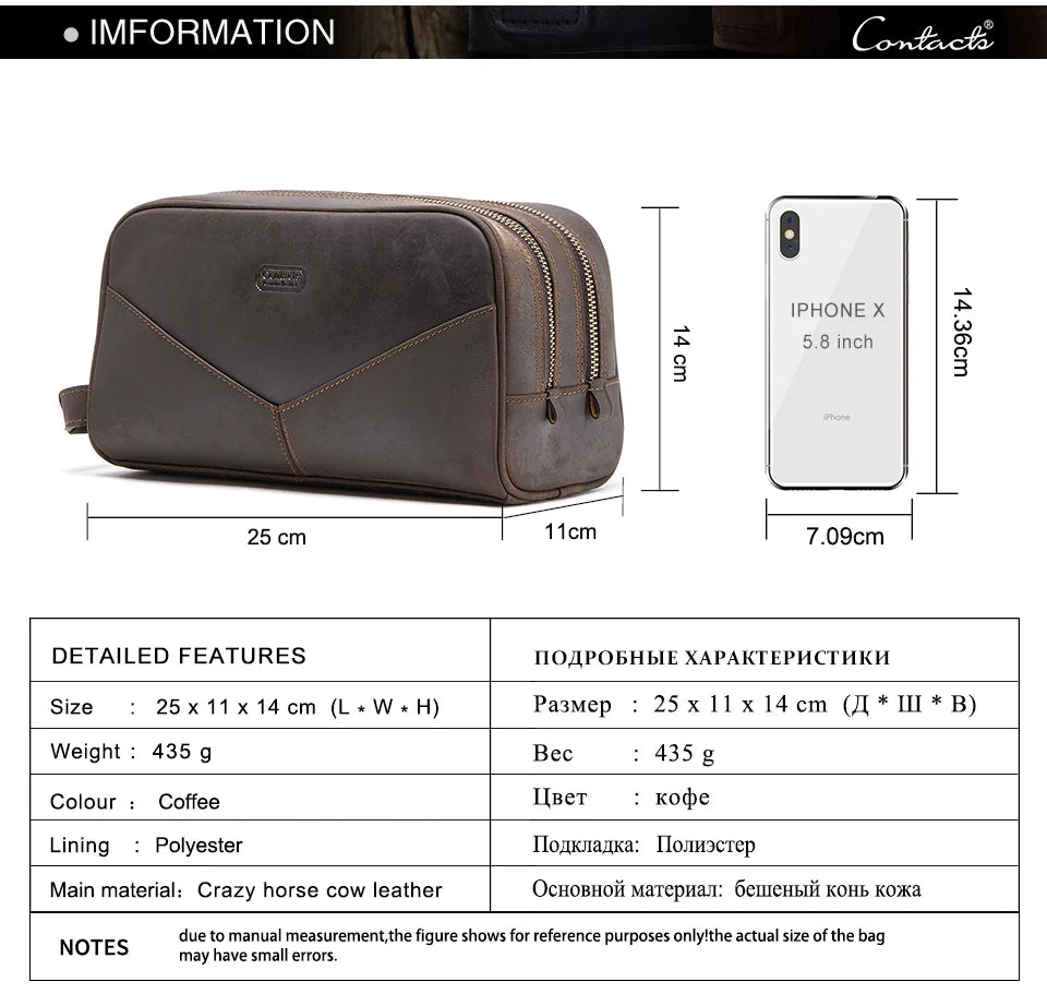 Vintage Crazy Horse Leather men cosmetic Case makeup bag travel toiletry hand-held make up wash bags Double Zipper man organizer