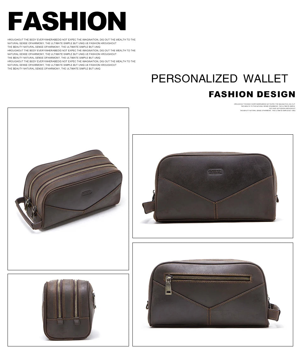 Vintage Crazy Horse Leather men cosmetic Case makeup bag travel toiletry hand-held make up wash bags Double Zipper man organizer