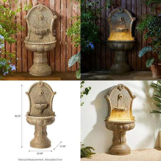 49 Inch Tall 2 Tier European-Style Outdoor Wall Waterfall Fountain with LED Lights and Pump