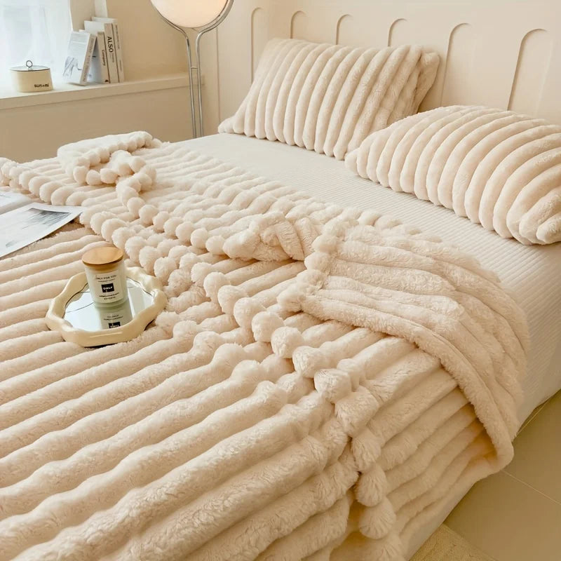 All-Season Gift，Luxurious Faux Rabbit Fur Throw Blanket, Flannel Fabric-Soft, Warm&Cozy for Couch, Bed, and Travel-Versatile.