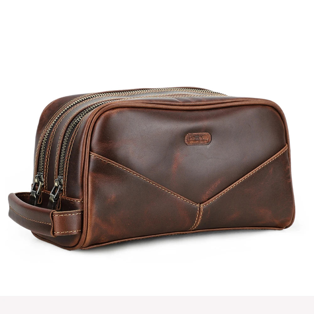 Vintage Crazy Horse Leather men cosmetic Case makeup bag travel toiletry hand-held make up wash bags Double Zipper man organizer