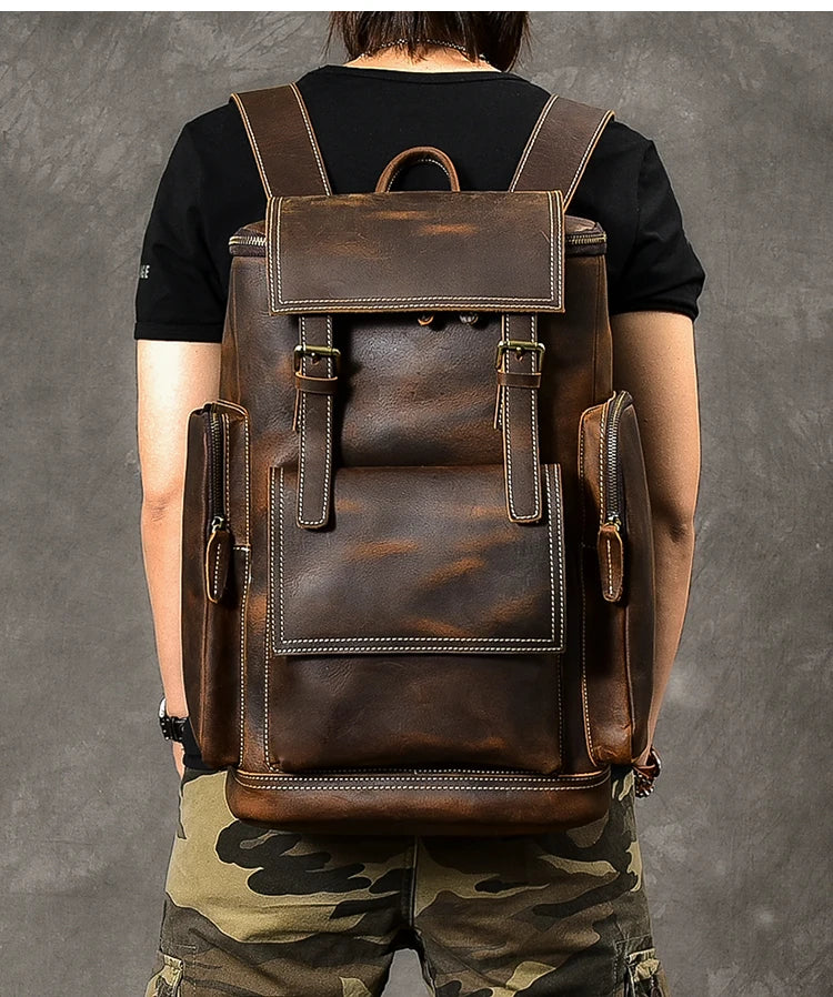 Retro Crazy Horse Leather Men's Backpack male computer bag Large Capacity 15.6 inch laptop bags genuine leather Travel Backpacks