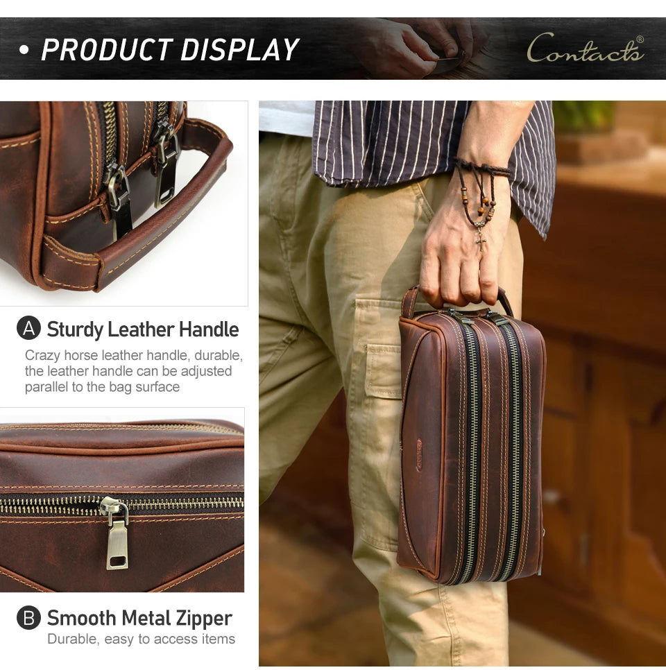 Vintage Crazy Horse Leather men cosmetic Case makeup bag travel toiletry hand-held make up wash bags Double Zipper man organizer