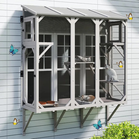 Cat Window Box,Wooden Window Catio for Indoor Cats,Expandable Outdoor Enclosure with 4 Platforms & 3 Doors,Secure Wall-Mounted P