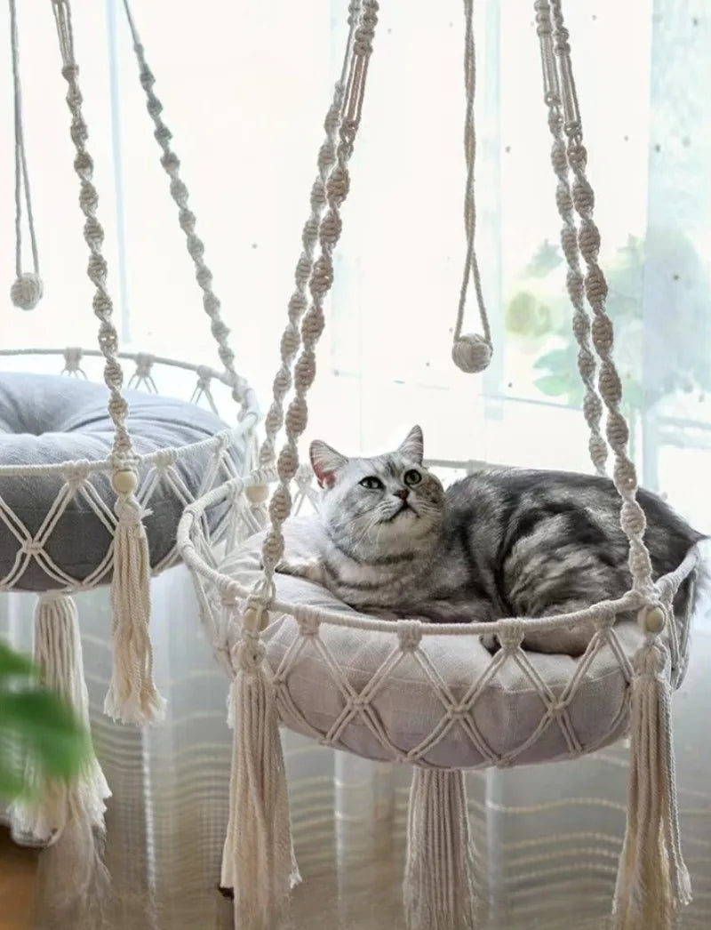 Pet Cat Hammock Cat Swing Hand Woven Cotton Rope Cats Hanging Basket Kitten Hanging String Den Indoor Pend Nest Pet Supplies