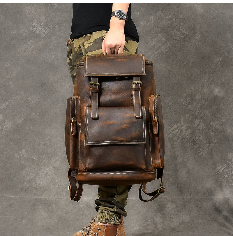 Retro Crazy Horse Leather Men's Backpack male computer bag Large Capacity 15.6 inch laptop bags genuine leather Travel Backpacks