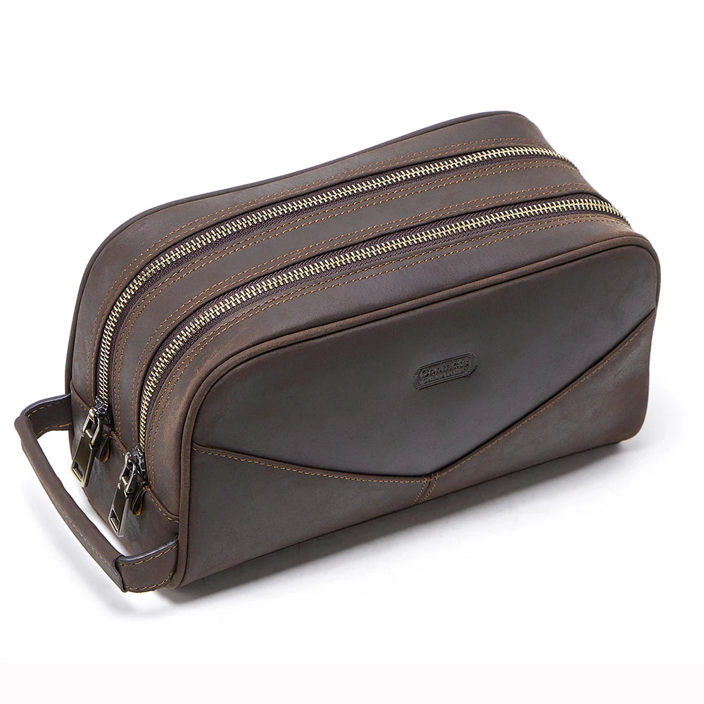 Vintage Crazy Horse Leather men cosmetic Case makeup bag travel toiletry hand-held make up wash bags Double Zipper man organizer
