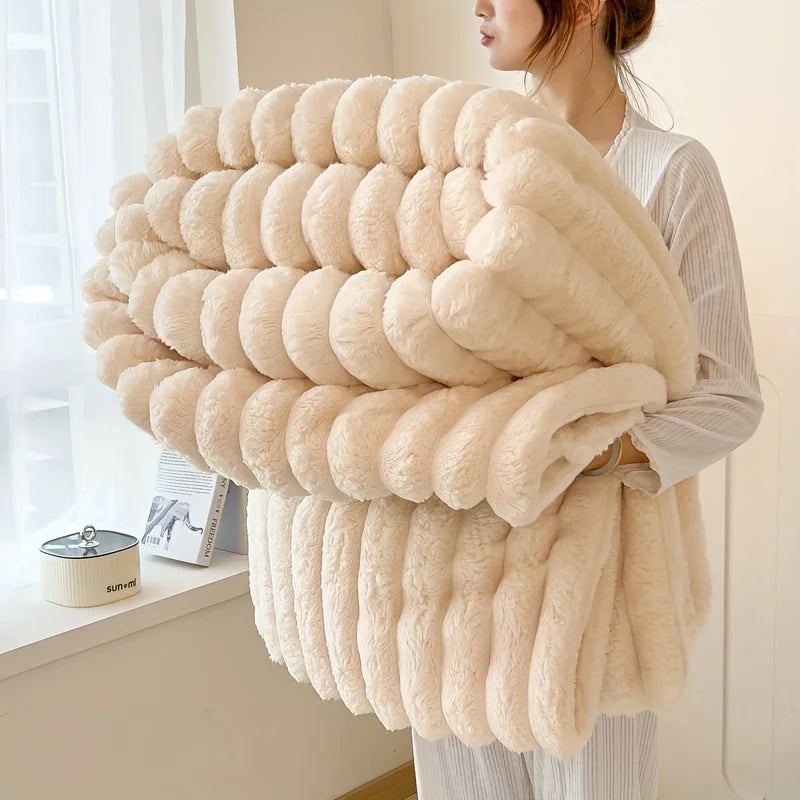 All-Season Gift，Luxurious Faux Rabbit Fur Throw Blanket, Flannel Fabric-Soft, Warm&Cozy for Couch, Bed, and Travel-Versatile.