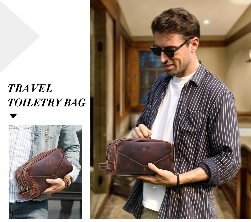 Vintage Crazy Horse Leather men cosmetic Case makeup bag travel toiletry hand-held make up wash bags Double Zipper man organizer