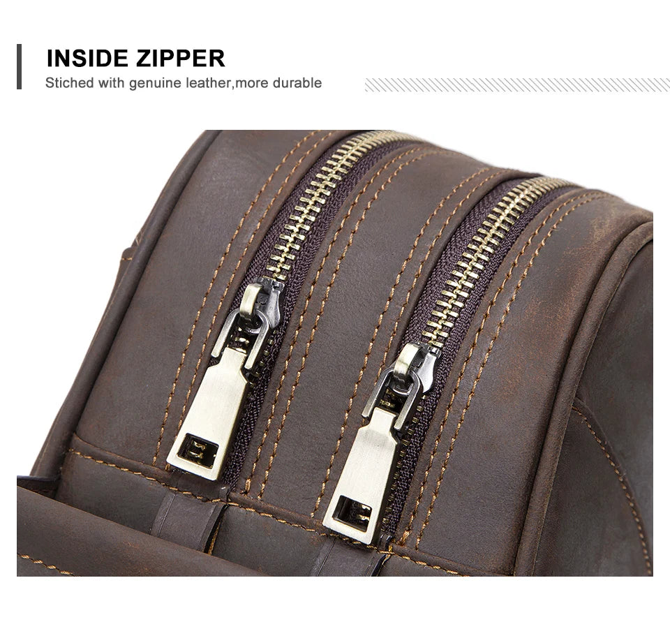 Vintage Crazy Horse Leather men cosmetic Case makeup bag travel toiletry hand-held make up wash bags Double Zipper man organizer