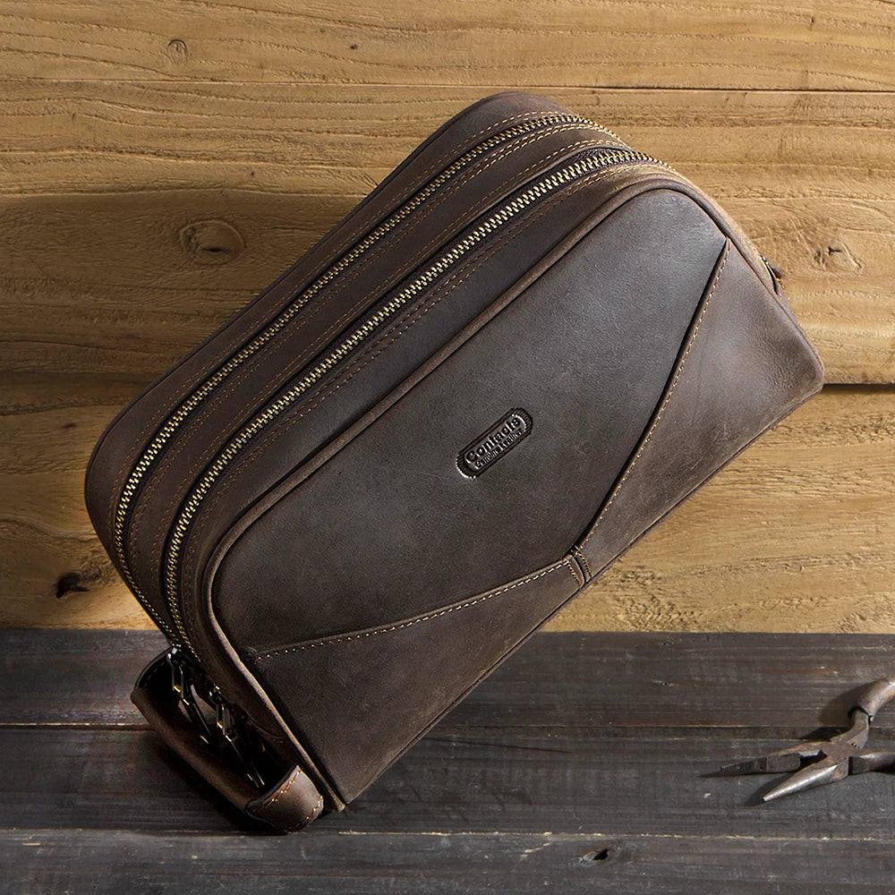 Vintage Crazy Horse Leather men cosmetic Case makeup bag travel toiletry hand-held make up wash bags Double Zipper man organizer