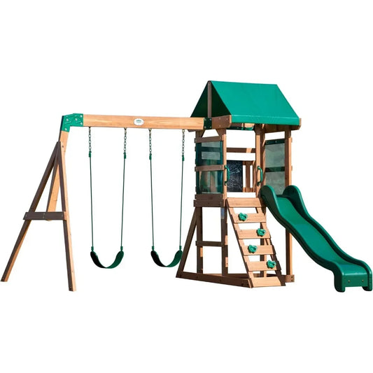 outdoors-Hot Sale - Wood Swing Set with Wave Slide, Play Deck, Rock Wall Ladder, Belt Swings, Chalkboard,Canopy Roof, Outdoor Pl