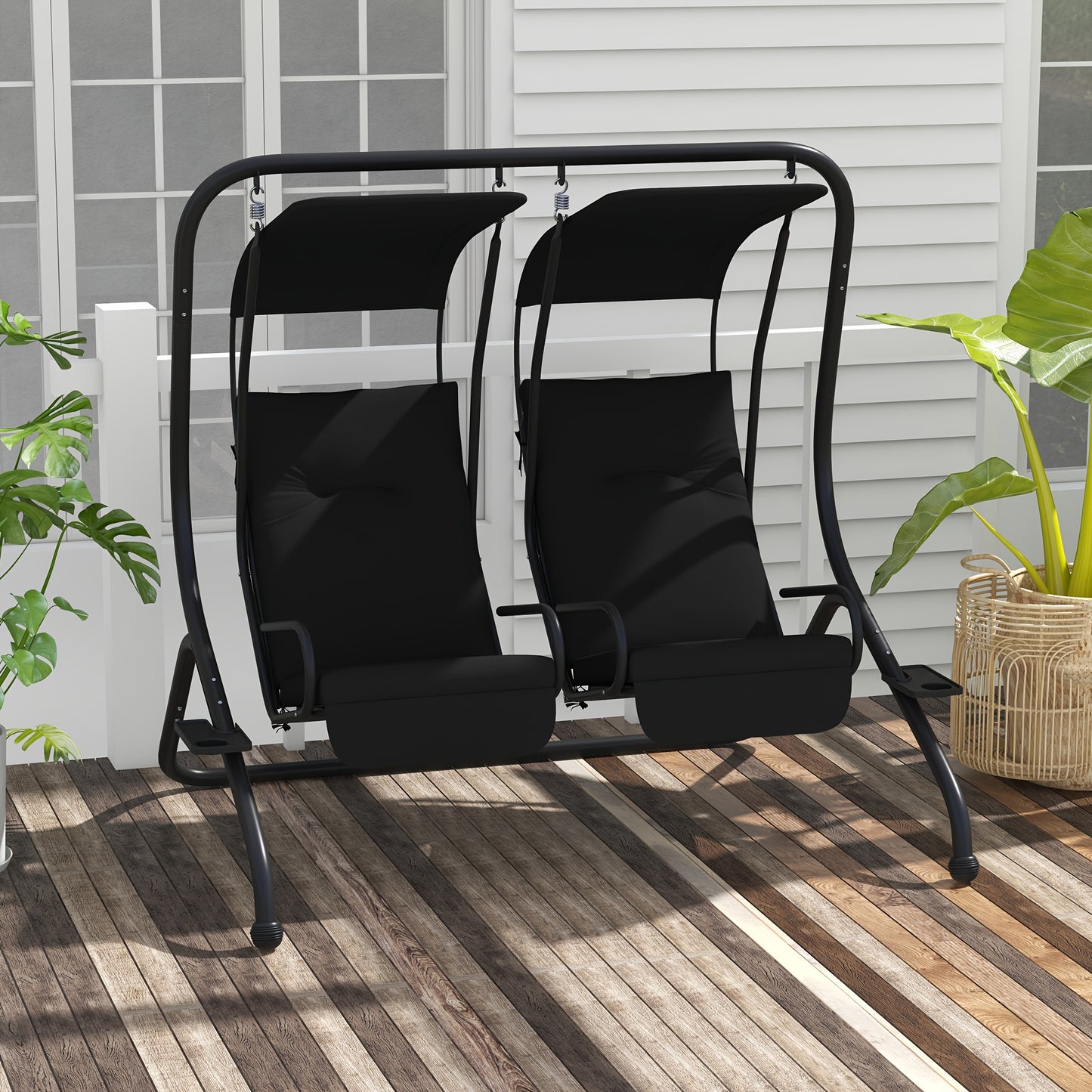 Outsunny Patio Swing Chair with 2 Separate Seats, Outdoor Swing with Removable Canopy And Cup Holders for Porch, Garden, Poolside, Backyard, Black, Patio Furniture, Garden Furniture, Poolside Lounging, Patio Seating, Stylish