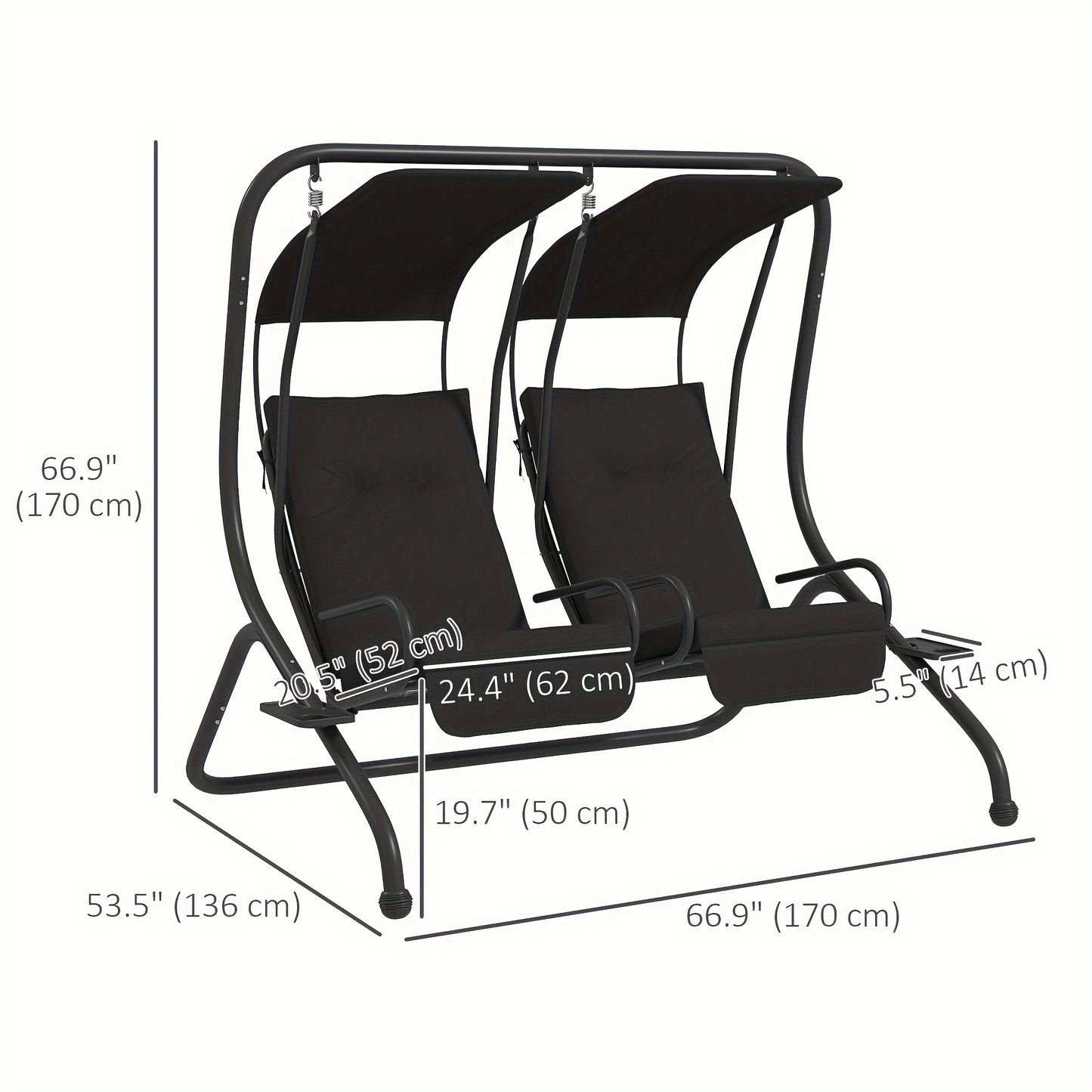 Outsunny Patio Swing Chair with 2 Separate Seats, Outdoor Swing with Removable Canopy And Cup Holders for Porch, Garden, Poolside, Backyard, Black, Patio Furniture, Garden Furniture, Poolside Lounging, Patio Seating, Stylish