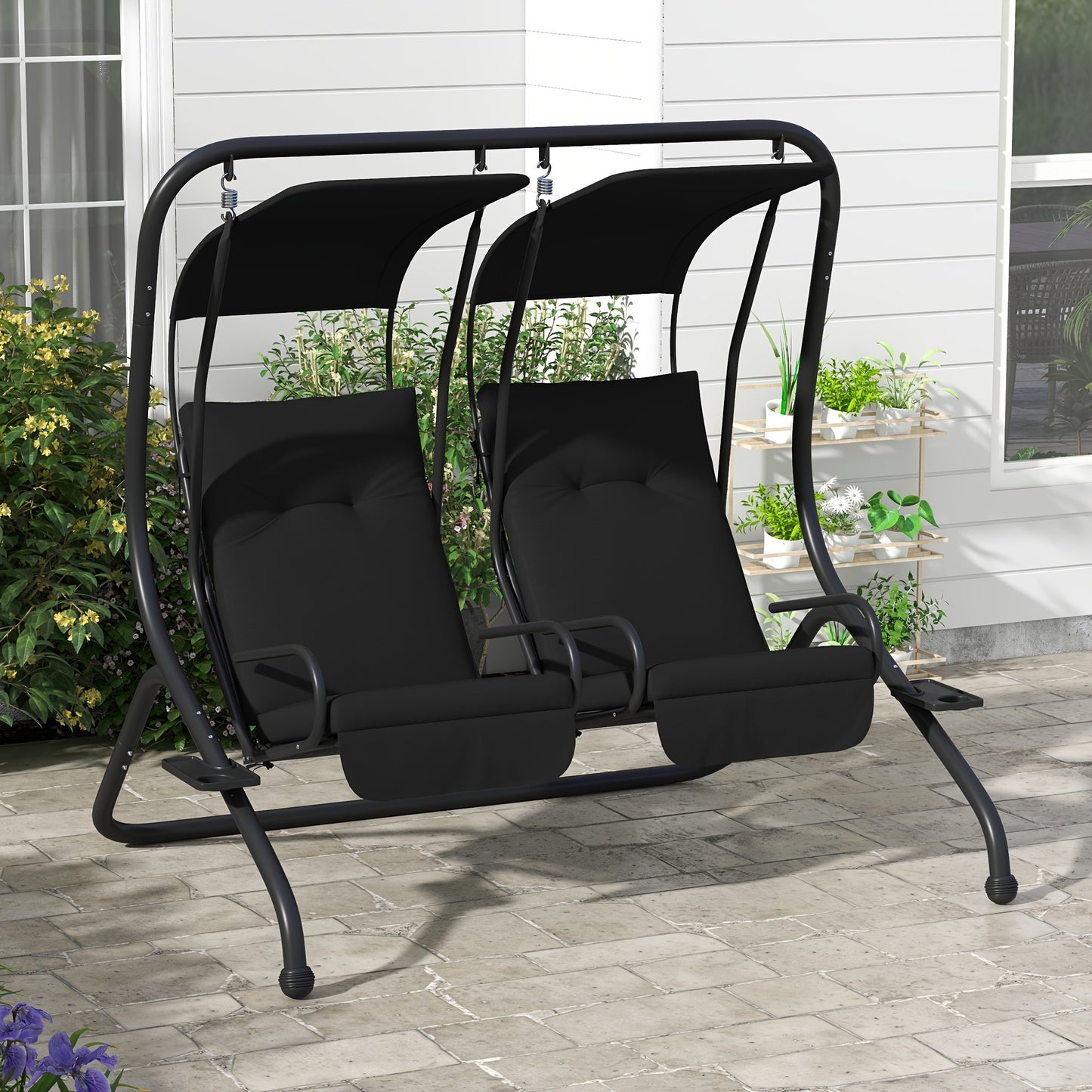 Outsunny Patio Swing Chair with 2 Separate Seats, Outdoor Swing with Removable Canopy And Cup Holders for Porch, Garden, Poolside, Backyard, Black, Patio Furniture, Garden Furniture, Poolside Lounging, Patio Seating, Stylish